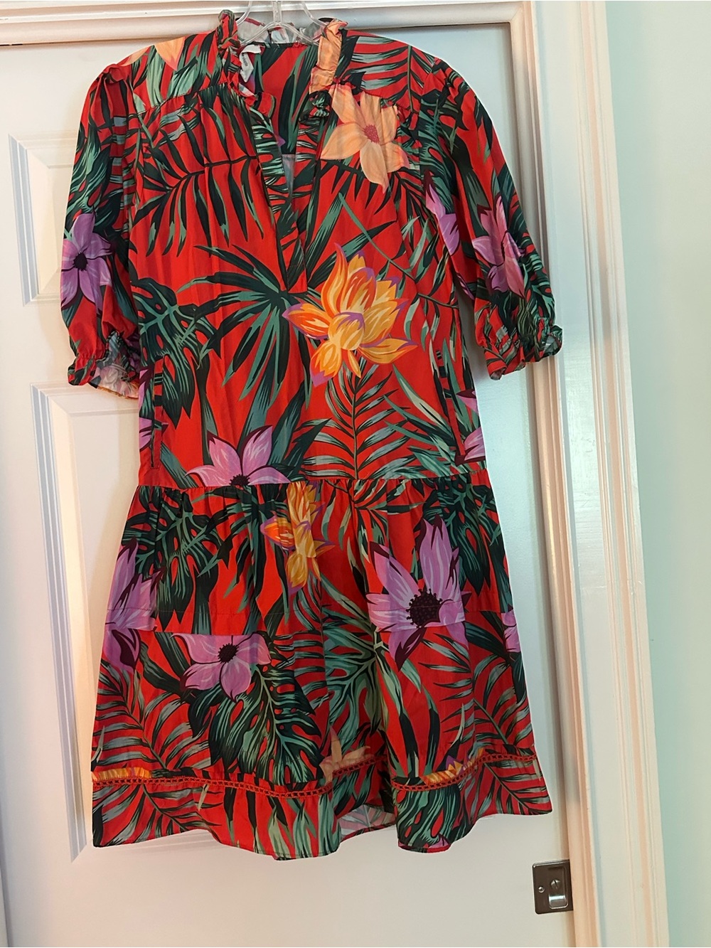 Red Tropical Floral Mini Dress with Puff Sleeves
